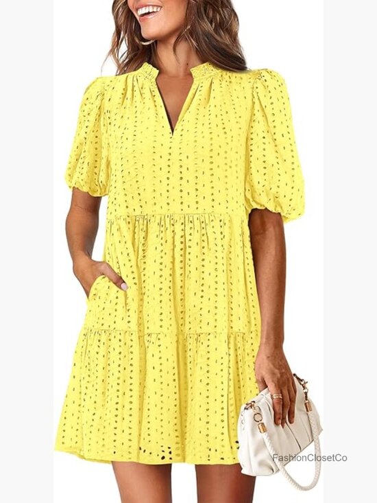 Dresses & Skirts - Eyelet Summer Mini Shift Dress with Pockets Short Sleeve V-Neck Tiered Cotton